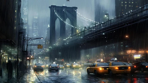 Yellow taxis stream under rainy bridge in neon city night