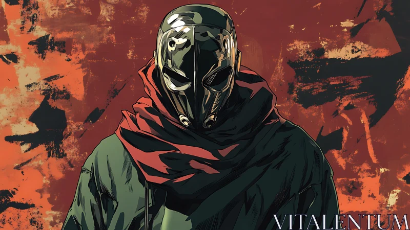 Hooded masked figure stands against raw abstract crimson chaos