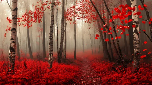 Birch forest path with dominant red foliage and mist layer