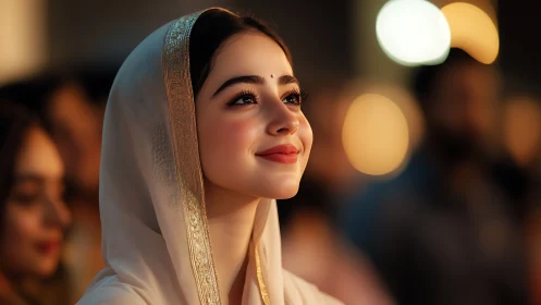 Young woman in traditional attire smiling at night, warm lighting.