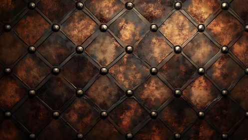 Oxidized diamond-plate metal grid with riveted nodal joints.