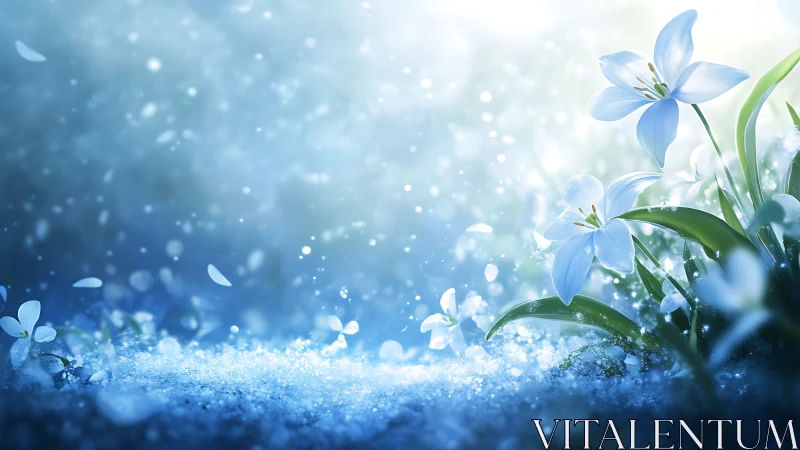 Delicate Blue Flowers Blooming in Winter Snow.