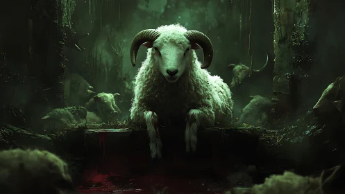 Horned ram above red pool in dark green forest scene.