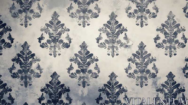 Muted damask wallpaper pattern with distressed surface.