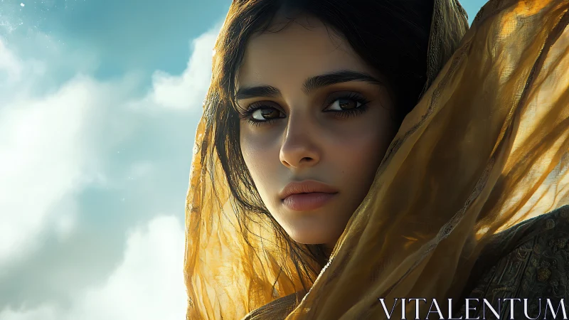 Woman in golden veil gazes softly against luminous sky.