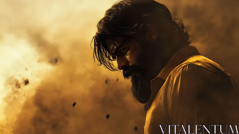 Brooding warrior in molten dust-light stares into silence.