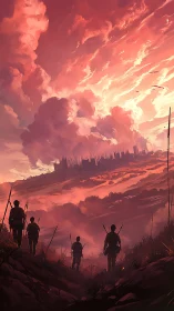 Warriors advancing toward citadel under flaming skies.
