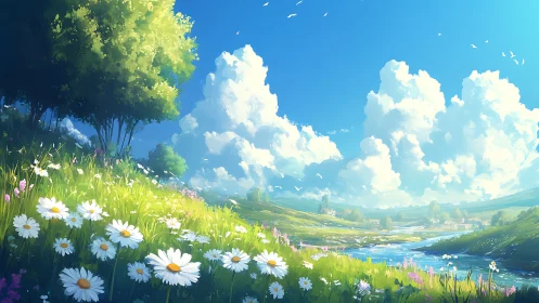 Sunlit river valley cuts through wildflower meadow landscape