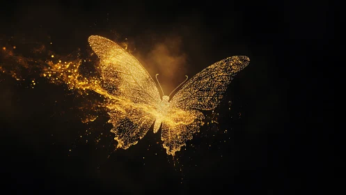 Golden particle butterfly silhouette forms against dark background.
