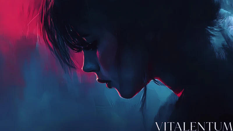 Solitary profile glows in neon red and deep cyan shadows.