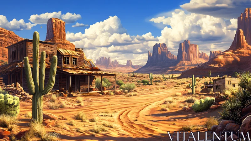 Sunlit desert ghost town resting beneath towering mesas.