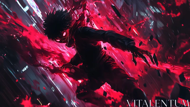 Silhouetted figure moves through red energy and debris field