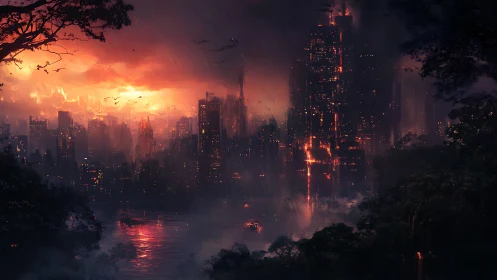 Post-apocalyptic rain-soaked megacity burning beyond jungle