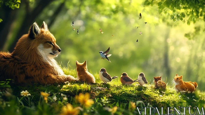 Woodland fox council listens to birdsong under soft sun.