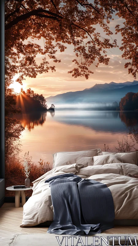 Serene bedroom retreat facing misty lakeside sunrise mural.