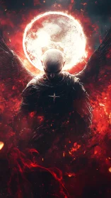 Fallen seraph ignites beneath a burning blood-red moon.