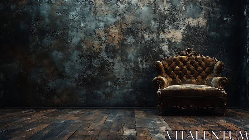 Vintage leather armchair stands in a dark textured room