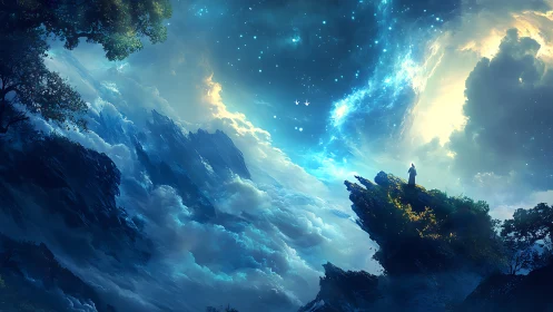 Starlit dreamer stands on a glowing cliff above soft clouds