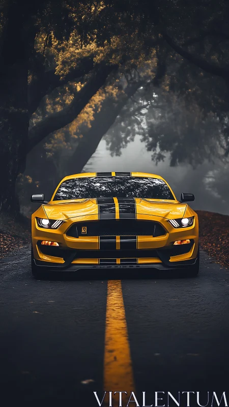 Bold yellow sports car glowing on a misty forest road.