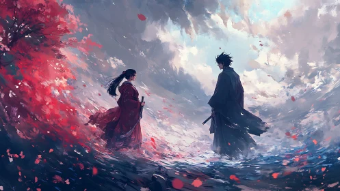 Digital painting duel of samurai silhouettes in storm of petals.