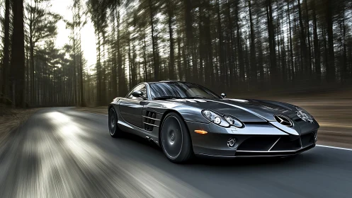 Dynamic highway shot of metallic sports coupe in motion blur.