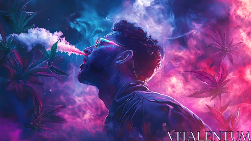 Neon vapor exhalation amid chromatic cannabis foliage field.