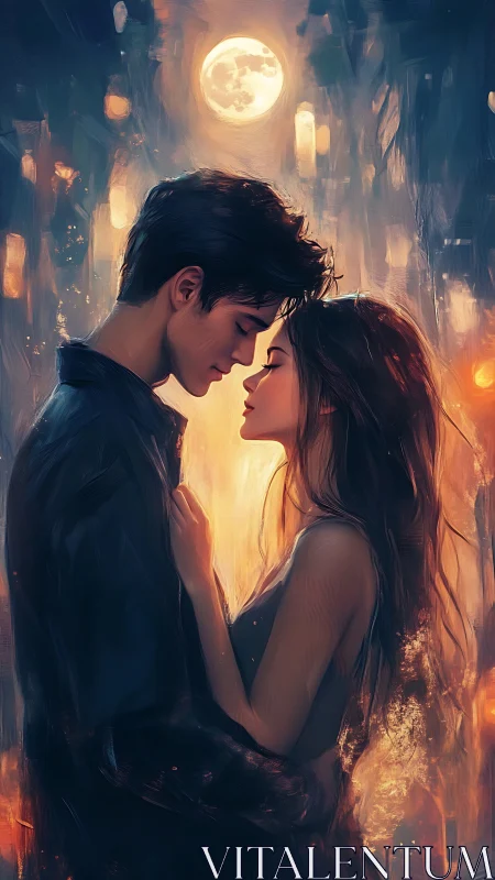 Two figures positioned closely beneath illuminated moon with urban architecture background.