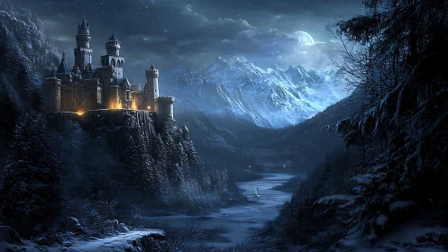 Moonlit alpine castle overlooks frozen river valley night