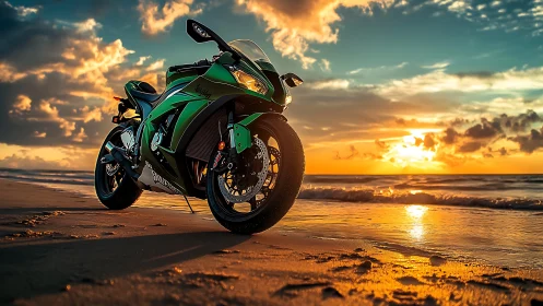 Sunset-lit superbike waits like a poised sea-green thunderbolt