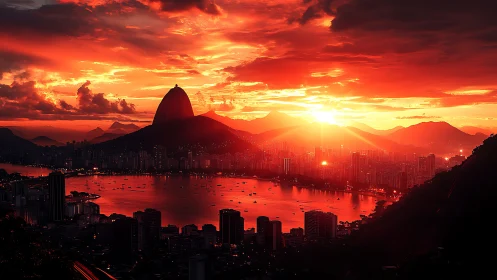 Rio de Janeiro urban bay skyline under intense red sunset.