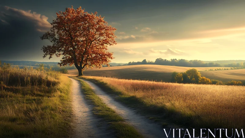 Solitary tree beside rural dirt road at sunset landscape.