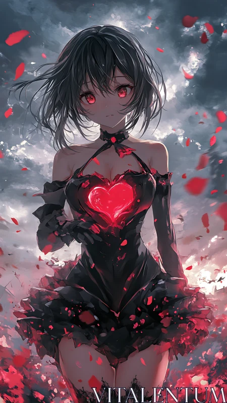 Heartlit gothic girl amid storm of crimson petals.