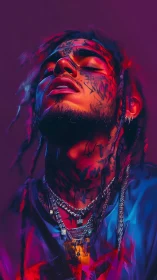 Neon drenched portrait of tattooed man in chromatic blur.