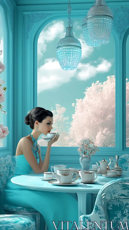 Turquoise morning pauses as elegant woman savors quiet tea