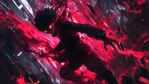 Silhouetted figure moves through red energy and debris field