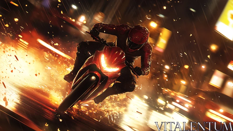 Motorcyclist leaning through neon-lit rain and sparking asphalt.