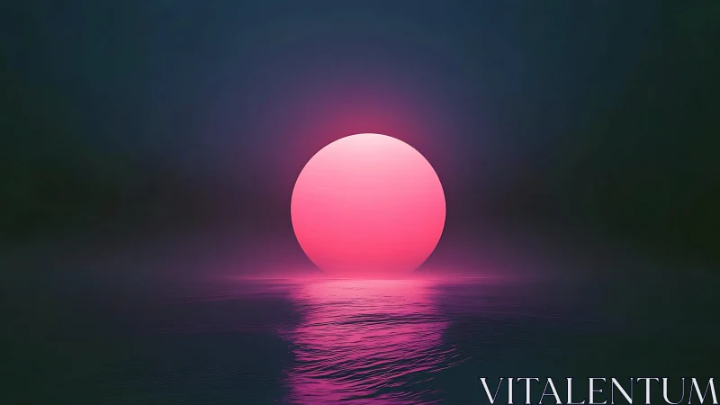 Neon magenta sun descends over misted ocean horizon