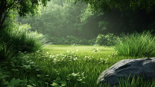 Gentle morning light warms a quiet sunlit forest clearing