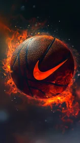 Fiery basketball with bold swoosh on dark background.