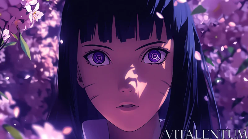 Violet eyed anime girl framed by dreamy cherry blossoms.