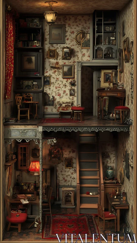 Vertical cutaway of detailed two-level vintage interior.