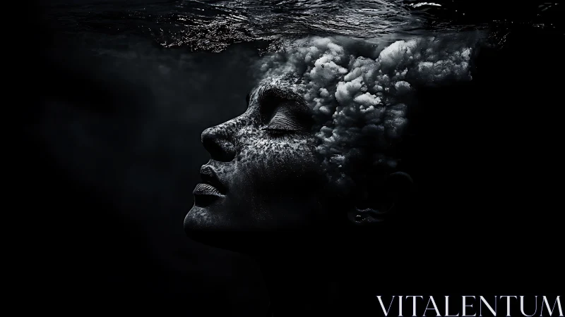 Underwater side profile portrait with dissolving cloud head
