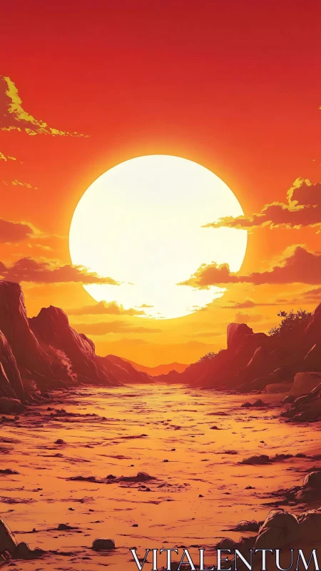 Oversized solar disc illuminates stylized canyon riverbed scene