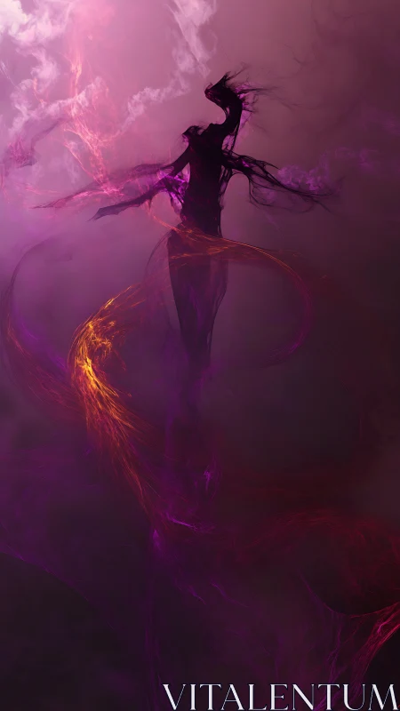 Ethereal flame spirit rising through violet nebula haze.