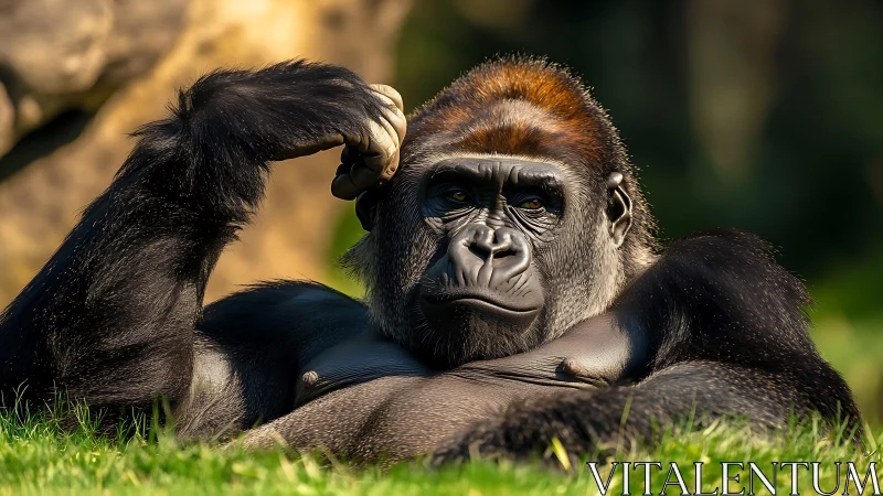 Majestic gorilla reclining in sunlit grass with pensive gaze.