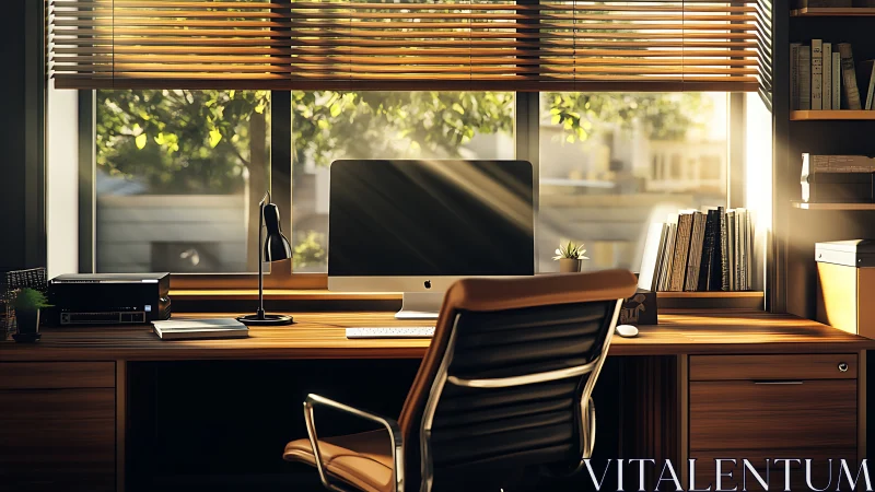 Modern home office workstation with warm cinematic sunlight.