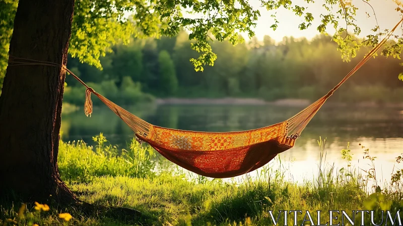 Sunlit fabric hammock suspended between tree and branch at lakeside