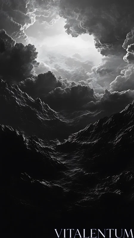 Monochrome storm clouds forming a dark swirling abyss.