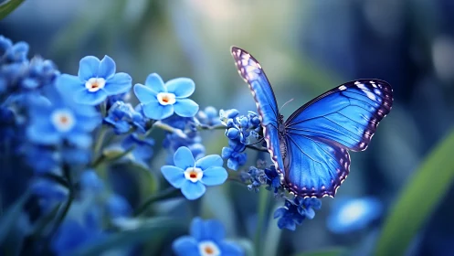 Blue morpho butterfly on saturated blue wildflowers in bokeh field.