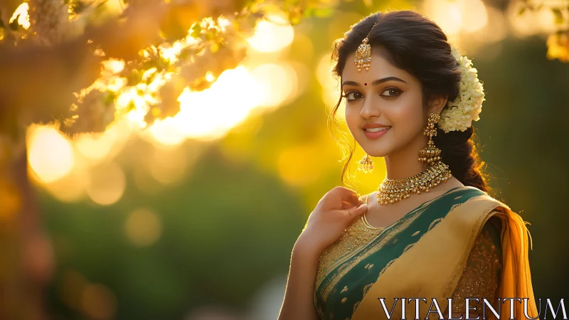 Elegant woman in traditional saree glows in golden sunlight